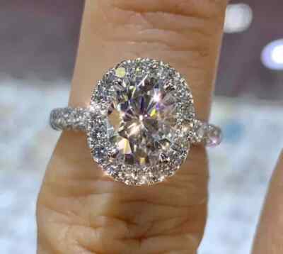 3Ct Oval Real Moissanite Charles & Colvard Engagement Ring 14K White Gold Plated