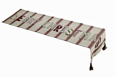 NWT Mud Pie Appliquéd Merry Christmas Large Tassel Table Runner 18  x 72  Cream