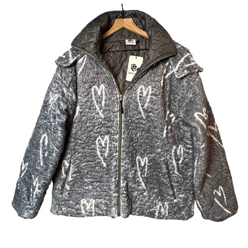 Love 2 Love Teddy Bear Fleece Hooded Coat Large Jacket Gray Hearts Pockets New