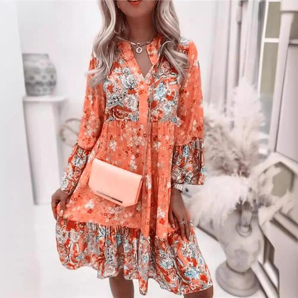 Womens Floral Boho V Neck Loose Dress Ladies Long Sleeve Summer