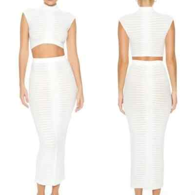 Forever 21 White Sweater Knit Striped Crop Top Maxi Skirt Set
