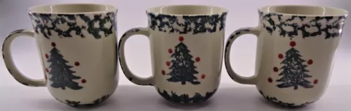 Tienshan Folk Craft Spongeware Mugs Lot Of Three Winter Wonderland Christmas
