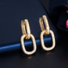 Women Chic Gold Plated Round Cubic Zirconia Oval Charm Drop Huggie Hoop Earrings