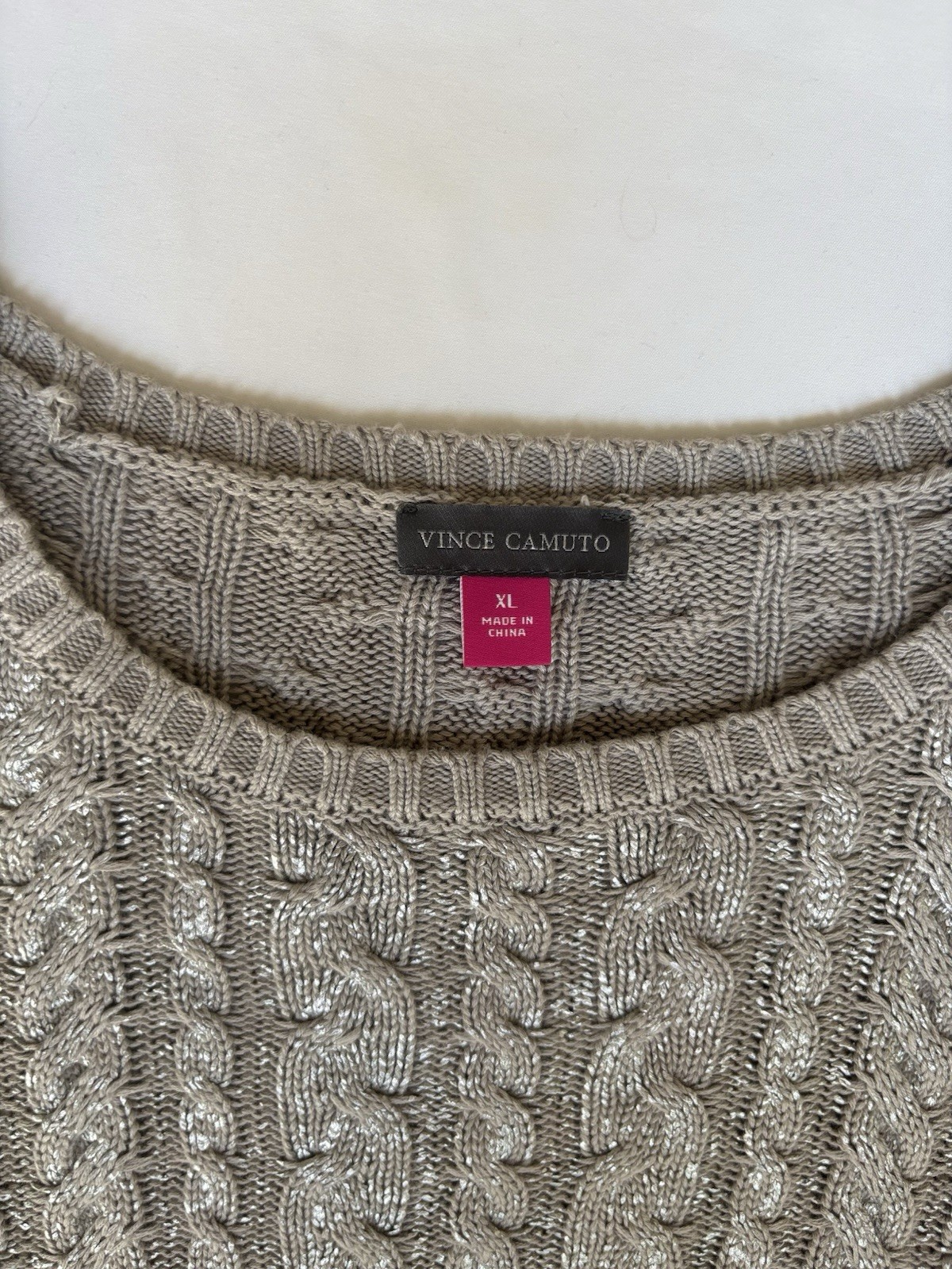 Vince Camuto Metallic Cable-Knit Pullover Sweater Beige L XL Long Sleeve