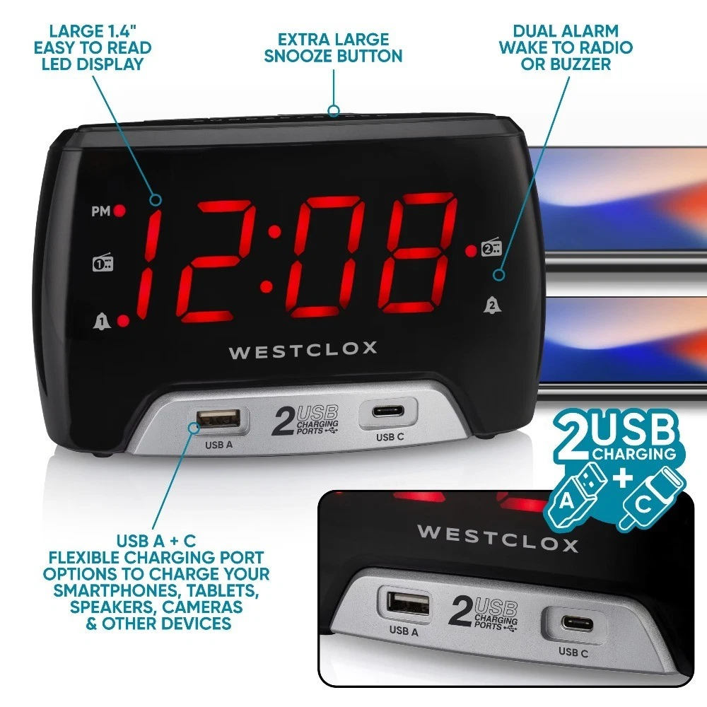 Electric Large 1.4” Red LED Digital FM Clock Radio 2 USB Charging Port with - thumbnail 6