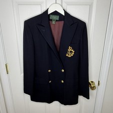 Vtg Lauren Ralph Lauren Double Breasted Gold Crest Logo Wool Navy Blue Blazer 4