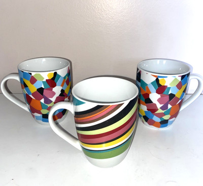 Set of 3 Oui French Bull Coffee Mug Multi Color Mosaic & Stripped Design White