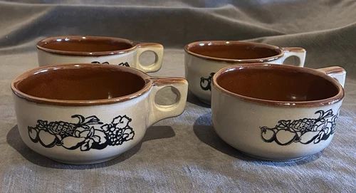 Set Of 4 Vintage Western Stoneware Mugs Crock Bowls Brown Drip Fruit Monmouth