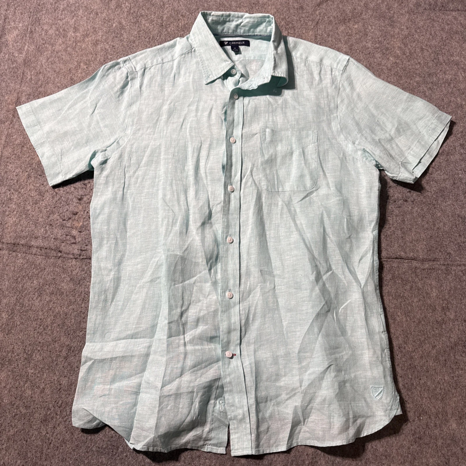 Cremieux Linen Shirt Mens Medium Short Sleeve Sea Glass Mist Pocket Button Up