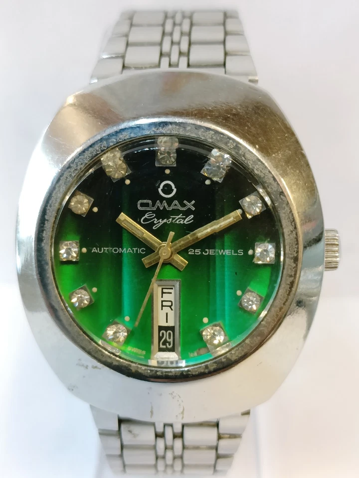 OMAX 25 珠宝自动双色绿色表盘 35202 瑞士男式全功能 — 第 4/4 张图片