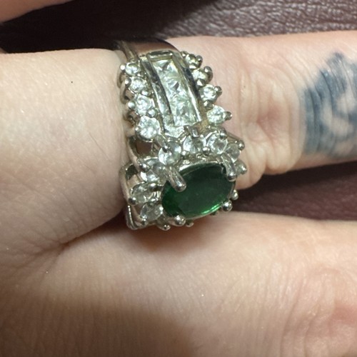 Anillo Vintage Verde Circonita 925 Plata Flor Halo Y Diseño Baguette - Imagen 7 de 12