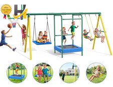Metal Swing Sets Heavy-Duty Trampoline Platform Swing 2 Swings  Basketball Hoop