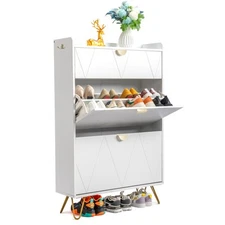 Shoe Cabinet with 2 Flip Drawers Shoe Shelves Storage Organizer Entryway White