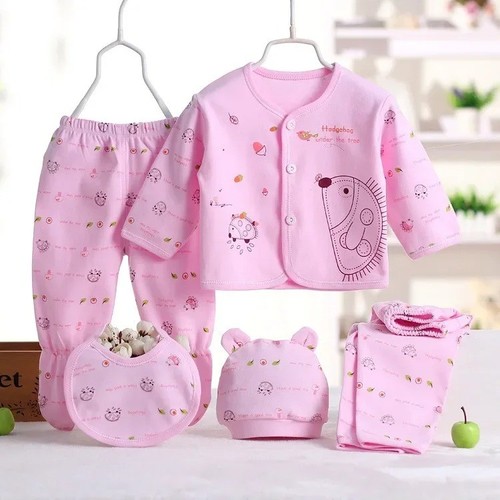 5pcs 0-3M Newborn Baby Boys Girls Outfits Set Cartoon T-shirt Tops Pants Clothes