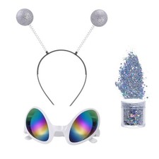 3 Pcs Alien Costume with Antenna Headband Glasses Silver Gloves Face Glitter ...
