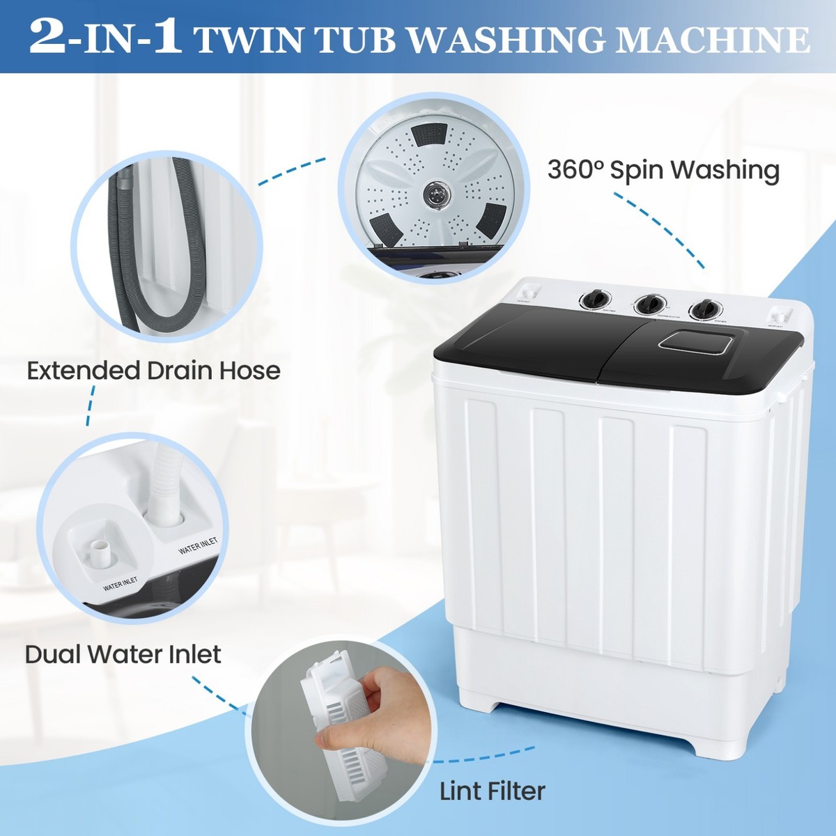 Portable 2-in-1 Compact Twin Tub Washing Machine – 30 Lbs Capacity, Washer & Spinner, Electric