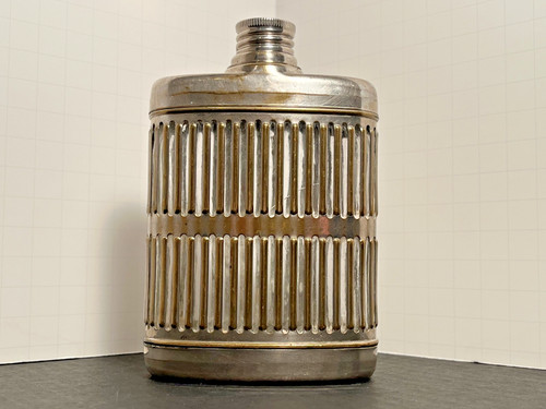Chrome Plated Caged Glass Flask with screw off cork 1920's Prohibition Era VGC