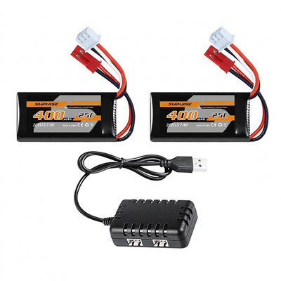 2PCS 7.4V 400mAh  Battery with 2-Port  USB Charger, for VOLANTEX 500mm RC Plane