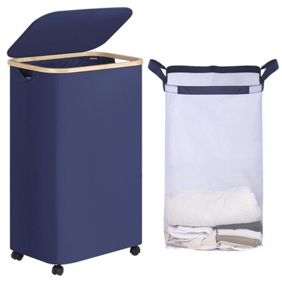 100L Blue Laundry Basket Wheels Tall Rolling Hamper Lid Removable Bag Bin