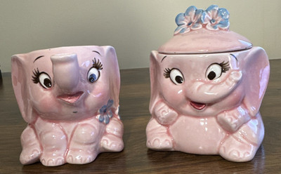 Vintage Lefton Pink Elephant Creamer and Sugar Bowl Set Japan Ceramic 1950s Rare