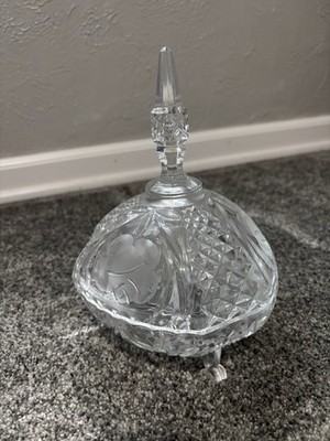 Vintage Footed Crystal Candy Dish with Lid Floral Hexagon