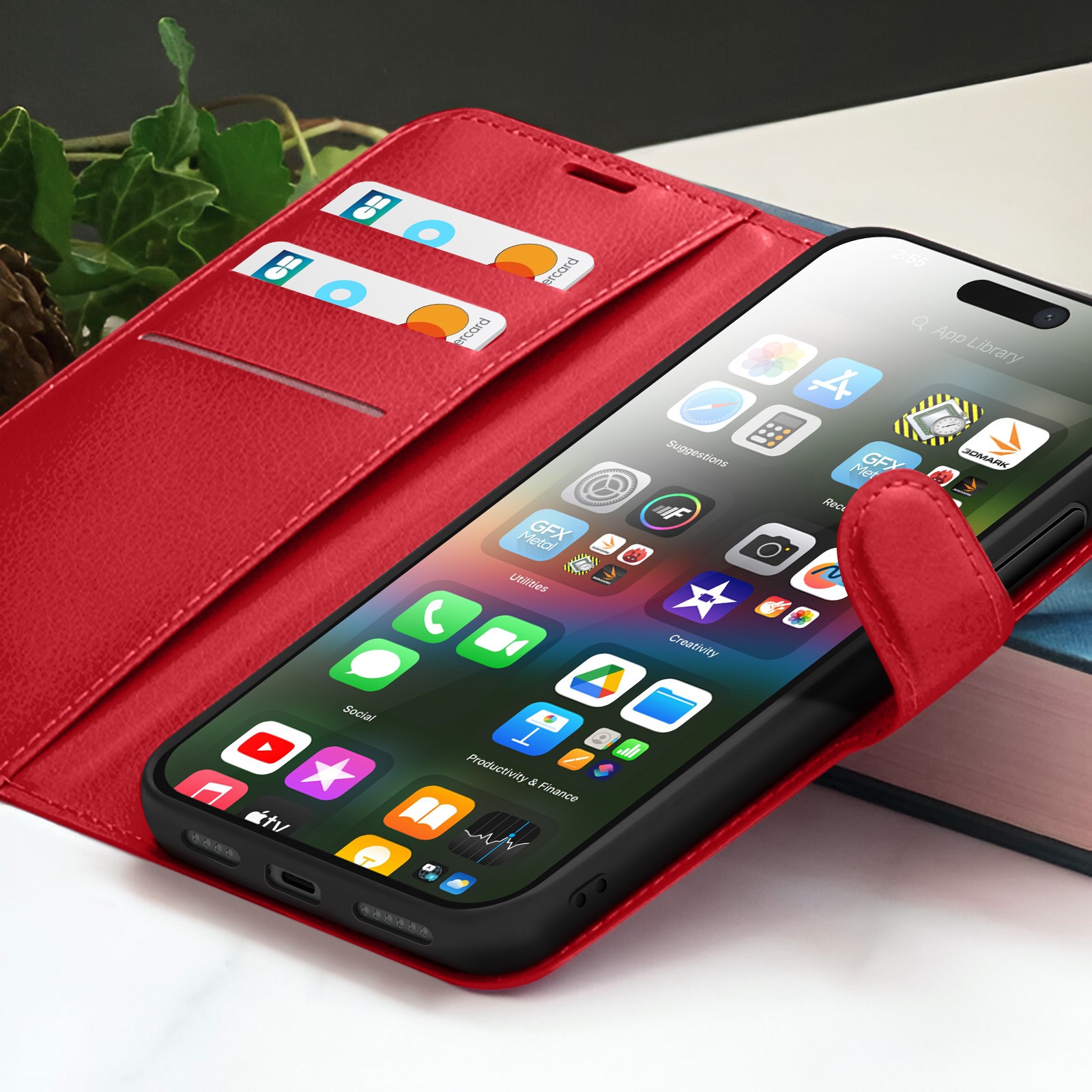 Étui portefeuille iPhone 15 Plus Zanaé rouge avec support intégré - 4
