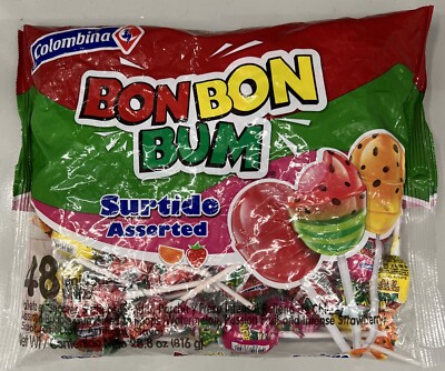 Bon Bon Bum Lollipops W/Bubble Gum Center (Assorted 48 Pack)