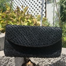 ANDRE' CELLINI Beaded Shoulder Purse Black Satin Clutch Bronze Chain Convertible