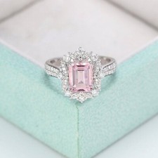Unique Halo 1.5Ct Pink Emerald Cut CZ Queen Wedding Engagement Ring 925 Silver