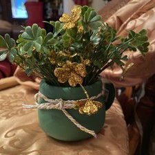 St. Patrick's Day Green/ Gold Glittered Shamrocks Decor In Pot- Irish - New