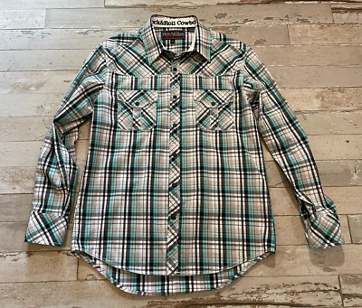 Rock & Roll Cowboy Shirt Western Black Snap Men's MEDIUM Green & Gray Plaid