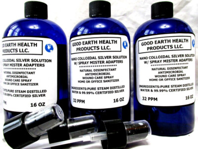 COLLOIDAL SILVER SOLUTION 32PPM (3 16 OZ BOTTLES & 3 MIST SPRAYERS ADAPTERS