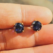 Round Cut Lab Created Sapphire Solitaire Stud Earrings 14K Yellow Gold Plated