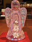 Fenton Pink Carnival Glass Praying Angel Figurine Hand Painted Daisies Signed