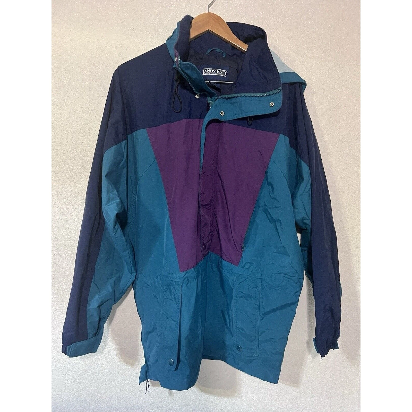 Vintage 90’s Lands End Jacket Small Colorblock Hooded Waterproof Parka M Pockets