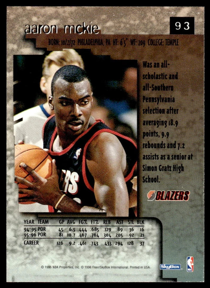 1996-97 SkyBox Premium Aaron McKie #93 Portland Trail Blazers - Image 2 of 2