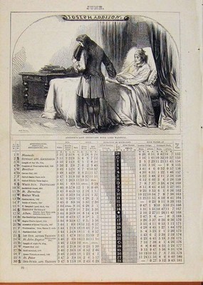Original alter antiker Druck London Almanack June Addisons letztes Interview Warwick