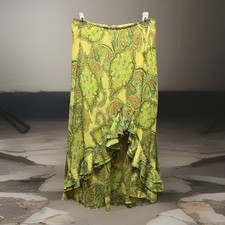 Y2k 00's Sz M Asymmetrical Ruffle Midi Skirt Lined Fairy Green Gypsy Boho