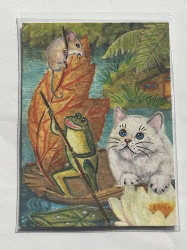 ACEO Original Painting Sergejs Kosirevs Folk Art Trading Card ATC Cat Frog Mouse