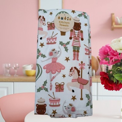 Nutcracker Ballet 2 Kitchen Christmas Towels Bears And Ballerinas Pink Pastel