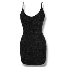 Pretty Little Thing-Shape Black Plisse Glitter Strappy Bodycon Dress, Sz2