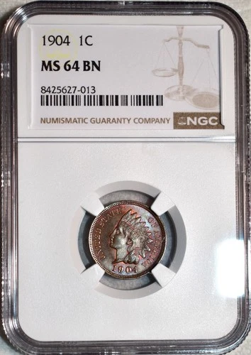 NGC MS-64 BN 1904 Indian Head Cent, Beautifully Toned specimen.