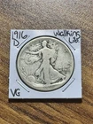 1916 D Walking Liberty Silver Half Dollar Nice VG Very Good Coin (Raw15828)