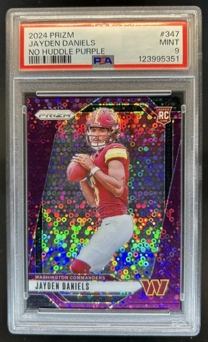 2024 Panini Prizm Jayden Daniels RC No Huddle Purple #/49 Commanders PSA 9
