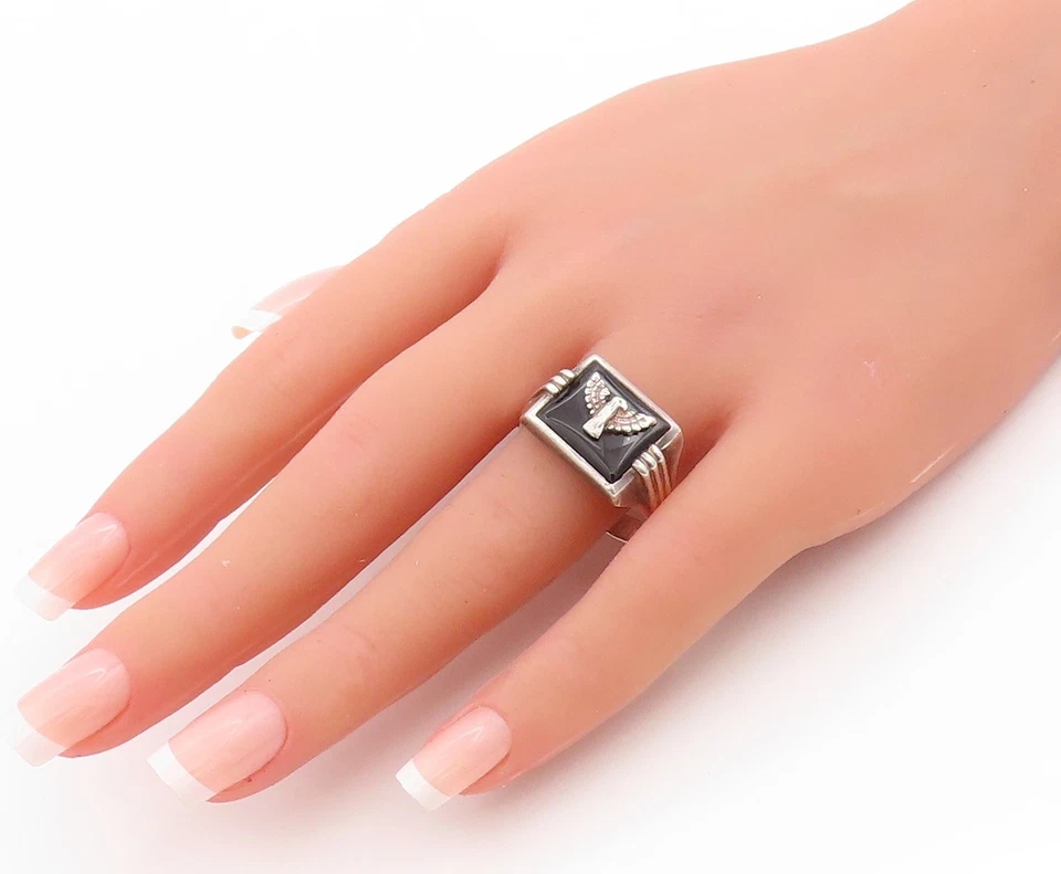 Anillo vintage de plata de ley 925 AVON banda de águila maciza de ónix negro talla 13 RG33571 Foto 3 de 4