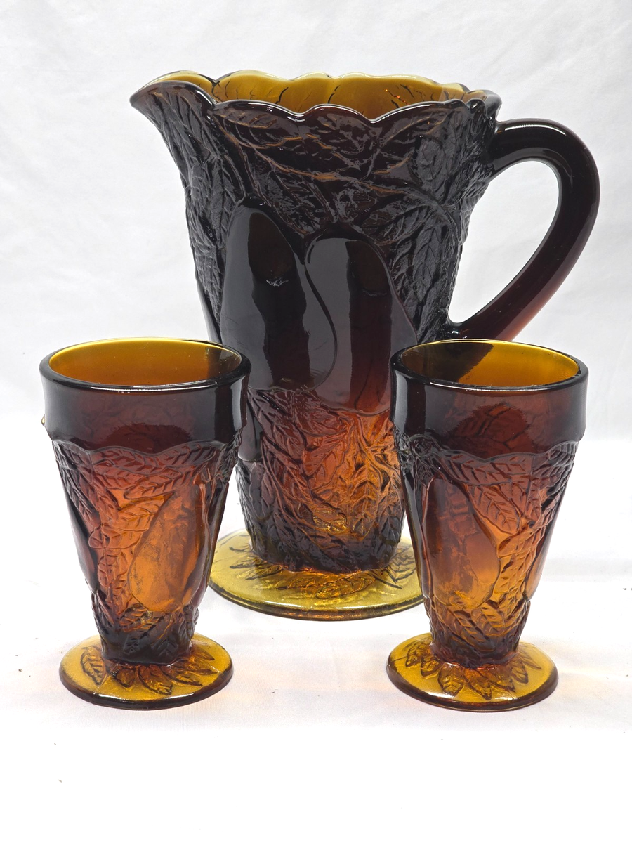Tiara Glass Sweet Pear Dark Amber Pitcher with 2 Footed Tumblers