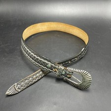 Youth Boys Western Belt Gray Silver Top Grain Leather 25-26 Silver Tone Buckle