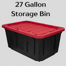 27 Gal. Heavy Duty Plastic Storage Bin w/ Snap Lid, Black/Red, Stackable Tote