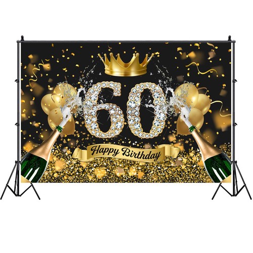 Black Gold 60th Backdrop Crown Men Women Birthday Party Photo Background Banner - Picture 3 of 21