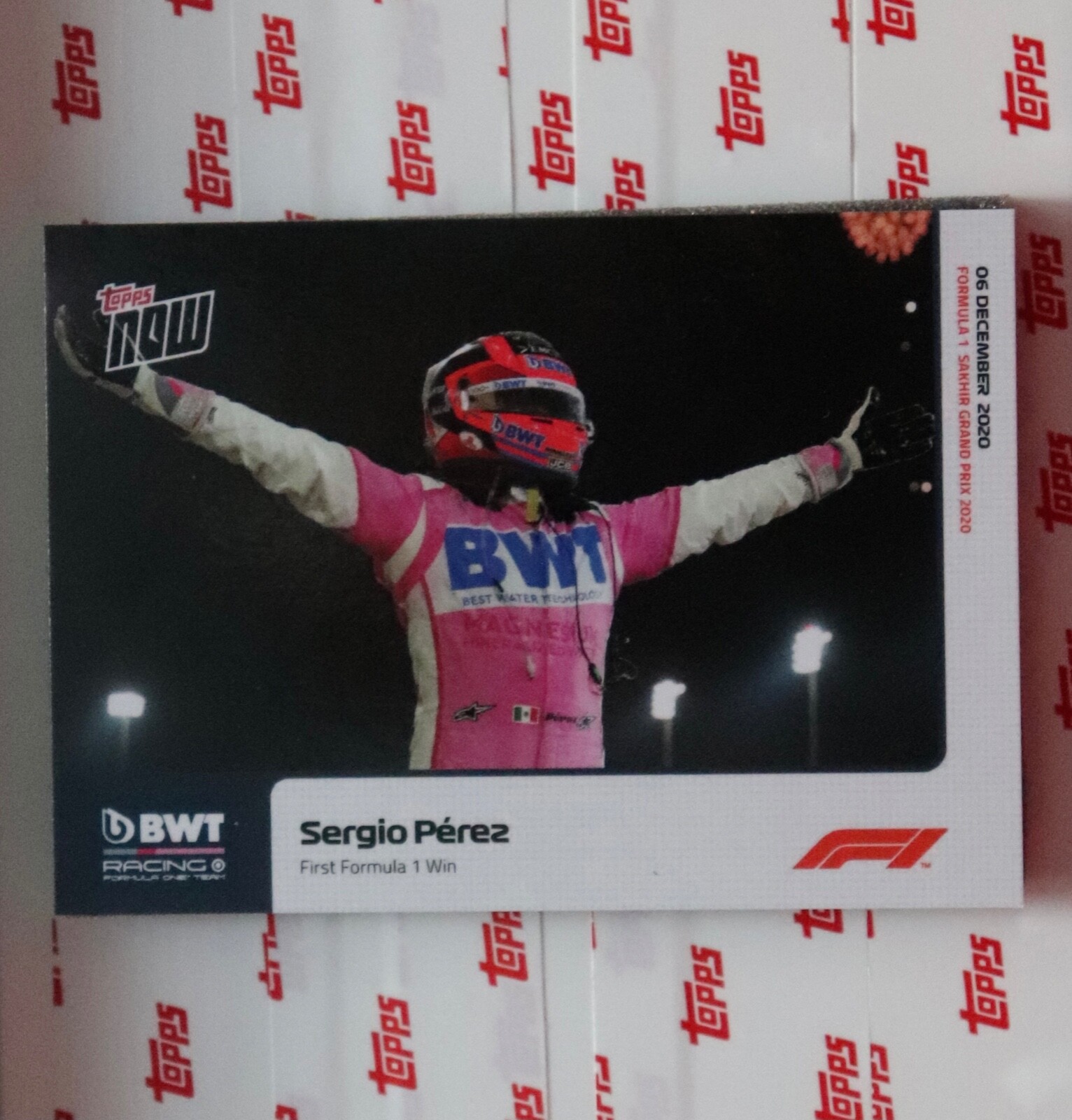 2020 Topps Now #17 Formula 1 Sergio Perez 1st win BWT Racing Sakhir Grand Prix
